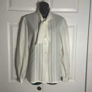 Vintage Judy Bond Shirt Womens 12 Cream 70s Ascot Tie Pleated Long Sleeve Blouse